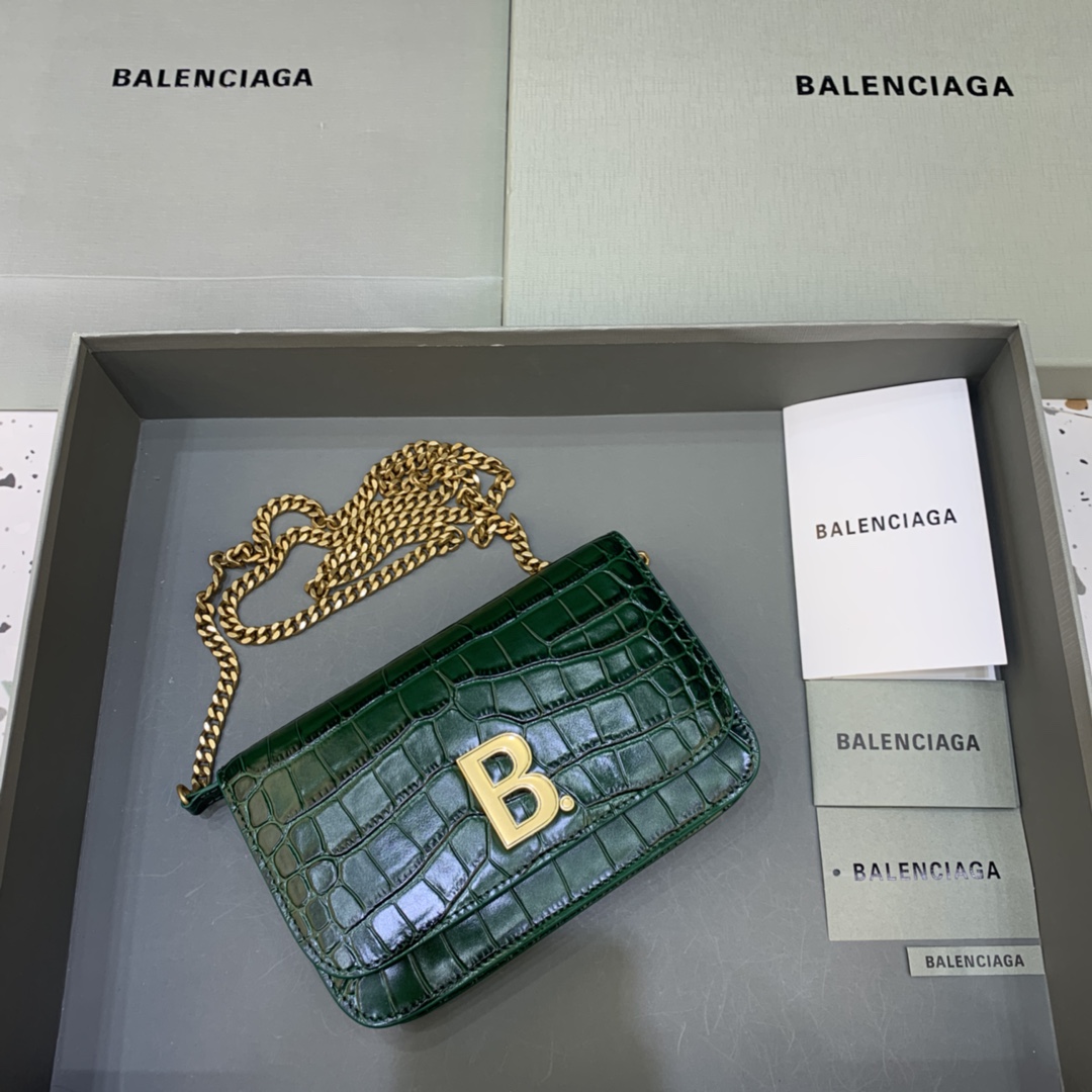 Balenciaga Small Woc Wallet With Chain Crocodile Embossed Shoulder Bag Green